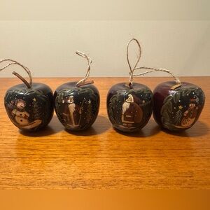 Hand painted apple wooden Holiday Ornament Set Santa snowman Christmas